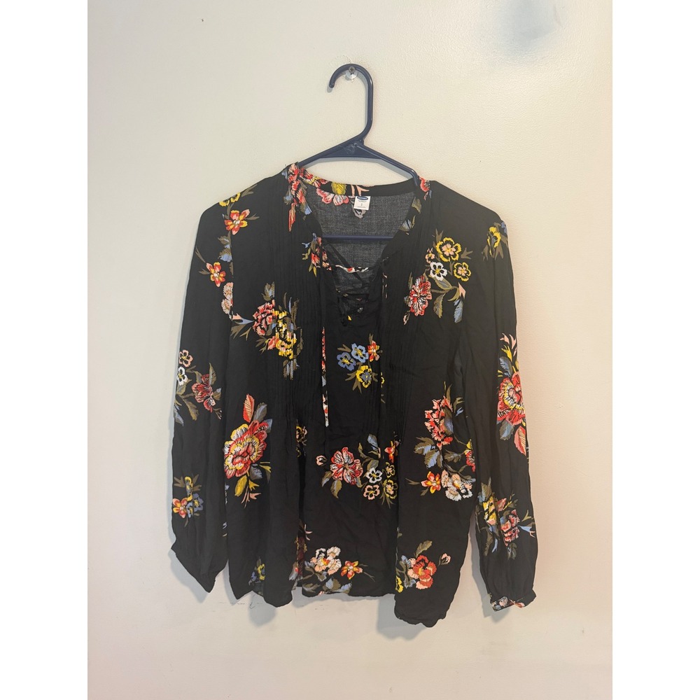 Old Navy Womens Black Floral Lace Up Pintuck Long Sleeve Blouse Top Small 1547